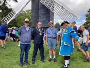 Civic visitors to the mill fete - mayor, deputy mayor, town crier, with our membership secretary